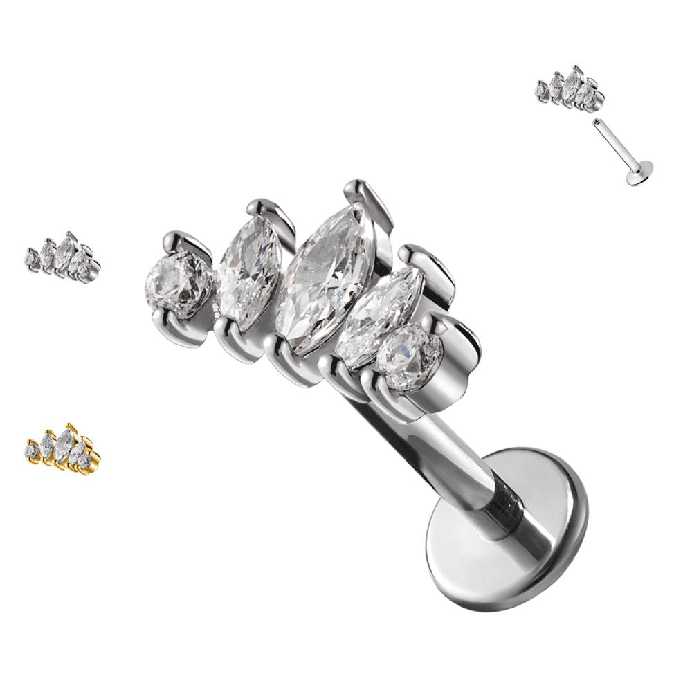 PC-204 Piercing Labret a Forma di Corona a Cinque Cristalli e con Filettatura Interna