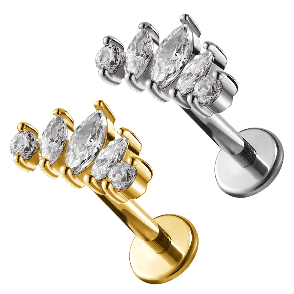 PC-204 Piercing Labret a Forma di Corona a Cinque Cristalli e con Filettatura Interna