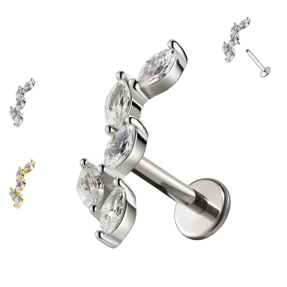 PC-206 Piercing Labret a Forma di Fogli con Cristalli e con Filettatura Interna