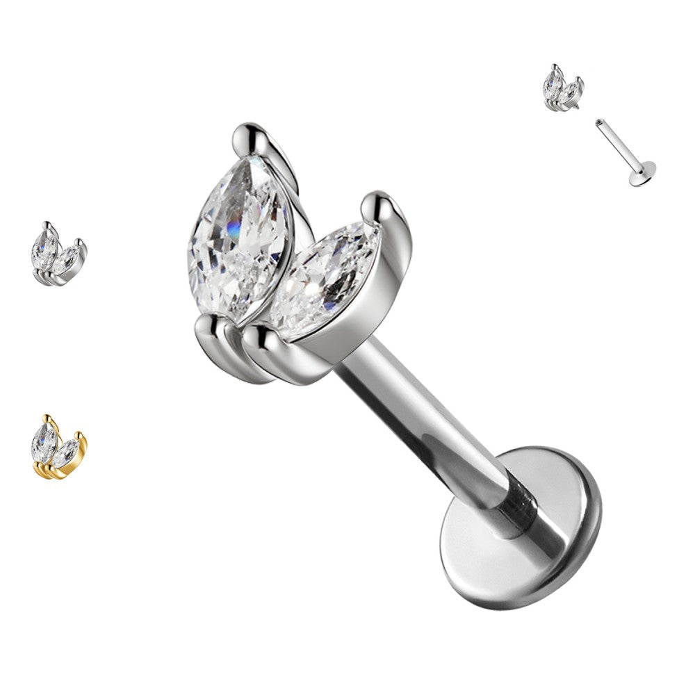 PC-213 Piercing Labret di Due Petali con Cristalli e con Filettatura Interna