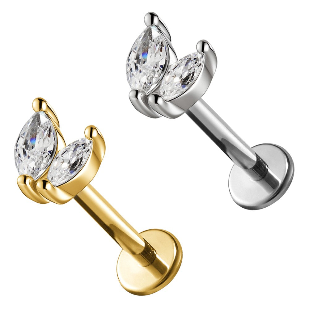 PC-213 Piercing Labret di Due Petali con Cristalli e con Filettatura Interna