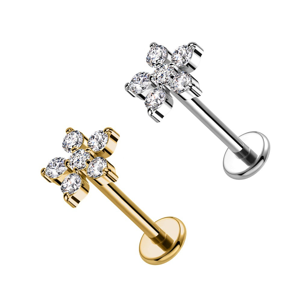 PC-219 Piercing Labret a Forma di Fiore con Cristalli con Filettatura Interna