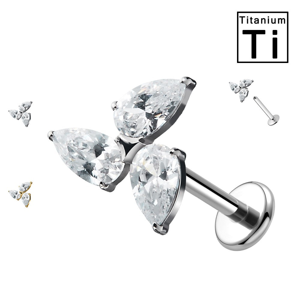 PWC-247 Piercing Labret in Titanio con Fiore a Tre Petali di Cristalli a Goccia Filettatura Interna