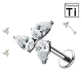 PWC-247 Piercing Labret in Titanio con Fiore a Tre Petali di Cristalli a Goccia Filettatura Interna