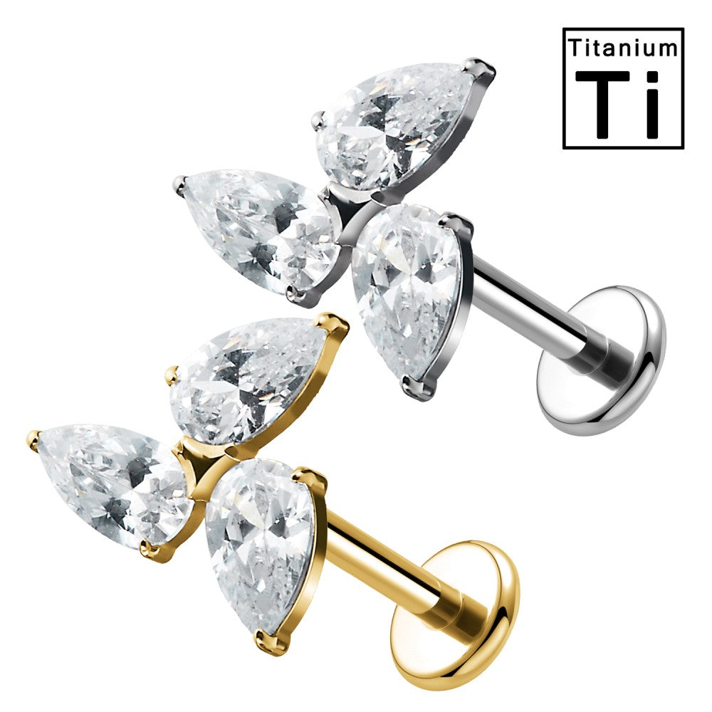 PWC-247 Piercing Labret in Titanio con Fiore a Tre Petali di Cristalli a Goccia Filettatura Interna