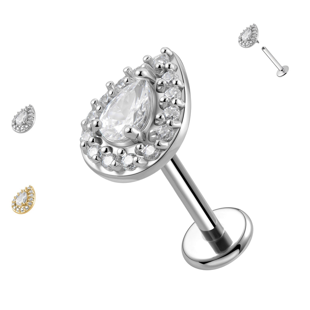 PC-210 Piercing Labret con Cristallo a Goccia e con Filettatura Interna
