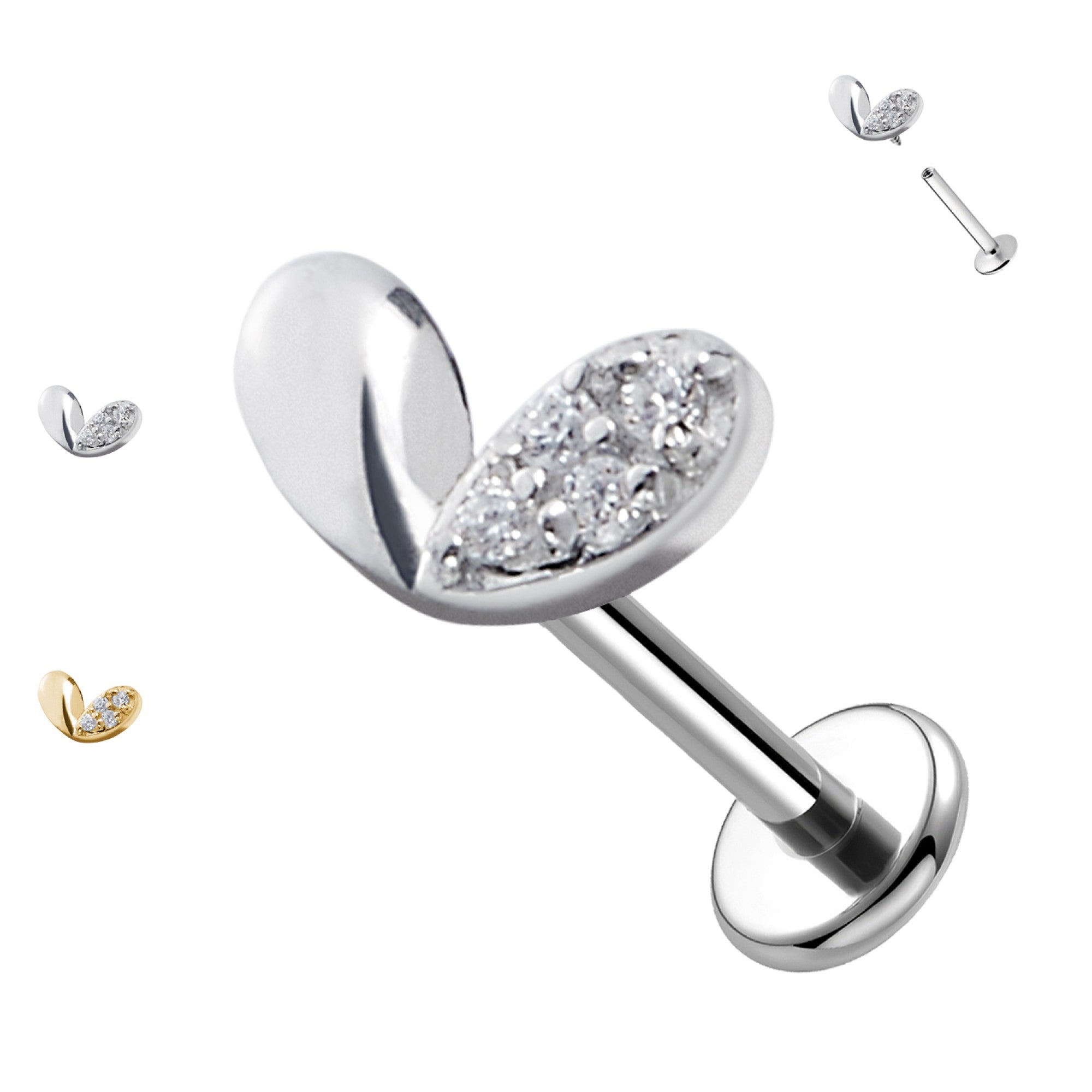 PC-216 Piercing Labret a Forma di Cuore con Cristalli e con Filettatura Interna